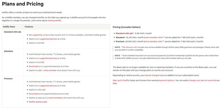 [서울=뉴시스] 넷플릭스는 19일(현지시간) 광고 요금제에 대한 더 많은 가입을 얻기 위해 이날 미국과 영국에 베이식 멤버십 신규 가입을 제한했다고 밝혔다. 사진은 지난달 베이식 멤버십 첫 삭제가 있었던 넷플릭스 캐나다 요금표 (사진=넷플릭스 고객센터 홈페이지 캡처) *재판매 및 DB 금지
