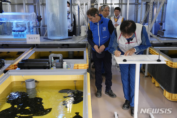 [오쿠마=AP/뉴시스] 라파엘 그로시(가운데) 국제원자력기구(IAEA) 사무총장이 5일 일본 오쿠마에 위치한 후쿠시마 원자력 발전소 실험실을 방문해 오염수로 사육중인 가자미를 살펴보고 있다. 2023.07.06.