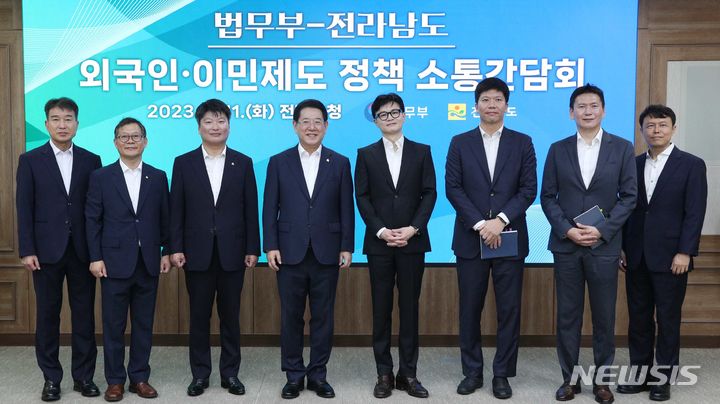 [무안=뉴시스] 이창우 기자=김영록 전남도지사(오른쪽 다섯 번째)와 한동훈 법무부장관( " 네 번째)이 11일 오전 전남도청 서재필실에서 열린 법무부와 전라남도 외국인·이민제도 정책 소통간담회에서 기념촬영을 하고 있다. 한 장관은 전남도내 조선업 종사자 외국인 이민제도 개선 관련 의견 청취를 위해 전남도를 방문했다.(사진=전남도 제공) 2023.07.11. photo@newsis.com *재판매 및 DB 금지