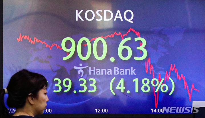 [서울=뉴시스] 권창회 기자 = 코스닥 지수가 전 거래일보다 39.33포인트(4.18%) 하락한 900.63에 마감했다. 코스피는 전 거래일보다 44.10포인트(1.67%) 내린 2592.36, 원·달러 환율은 전 거래일보다 0.9원 내린 1274.5원에 마감했다. 26일 오후 서울 중구 하나은행 딜링룸에서 딜러들이 업무를 보고 있다. 2023.07,26. kch0523@newsis.com