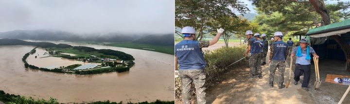 [안동=뉴시스] 침수된 예천 회룡포 마을과 복구에 나선 예천군과 주민들. (사진=경북도 제공) 2023.07.27 *재판매 및 DB 금지