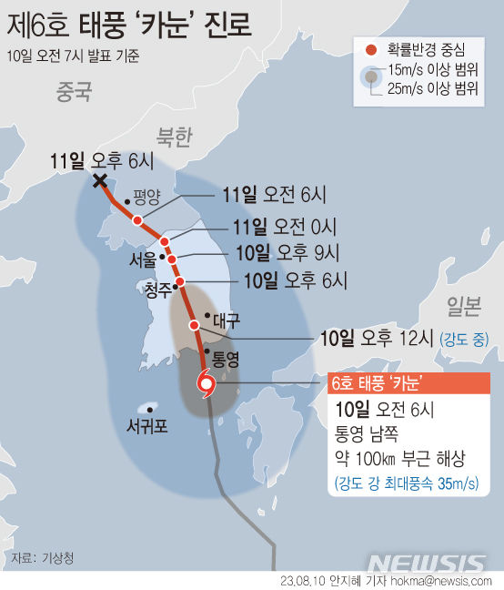 [서울=뉴시스] 기상청에 따르면, 이날 오전 7시를 기해 서울 전역에 태풍주의보가 발표됐다. 정확한 발효 시간은 오전 9시다. (그래픽=안지혜 기자) hokma@newsis.com