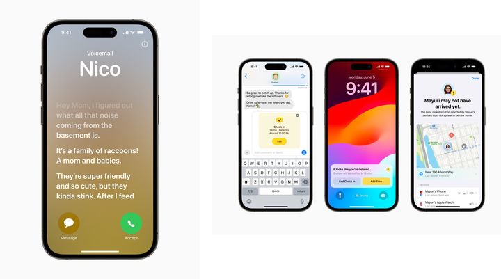 iOS 17 업데이트로 추가된 전화 앱의 '실시간 음성 메시지' 기능(왼쪽)과 메시지 앱의 '체크인' 기능. (사진=애플) *재판매 및 DB 금지