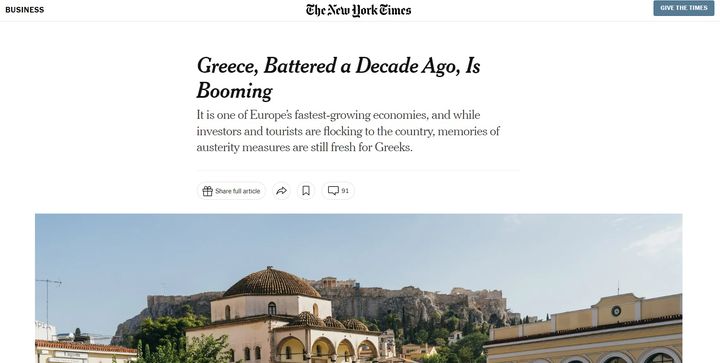 [뉴시스]한때 국가 부도 위기를 겪으며 구제금융까지 받았던 그리스가 경제를 회복해 호황을 누리고 있다고 최근 뉴욕타임스(NYT)가 조명했다. (사진=NYT 캡처) 2023.09.26. *재판매 및 DB 금지