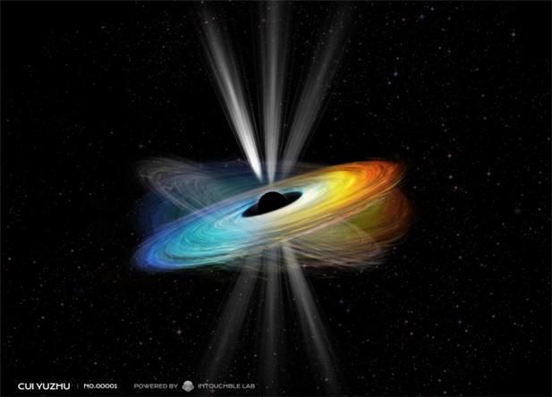 세차운동 중인 기울어진 부착원반 모델을 설명하는 이미지. 중심부 블랙홀의 회전축은 그림의 수직 방향으로 고정돼있다고 가정했다. 제트의 방향은 부착원반과 거의 수직을 이룬다. 블랙홀과 부착원반 사이의 회전축이 나란하지 않은 경우 부착원반과 제트의 세차운동이 일어난다. (사진=천문연 제공) *재판매 및 DB 금지