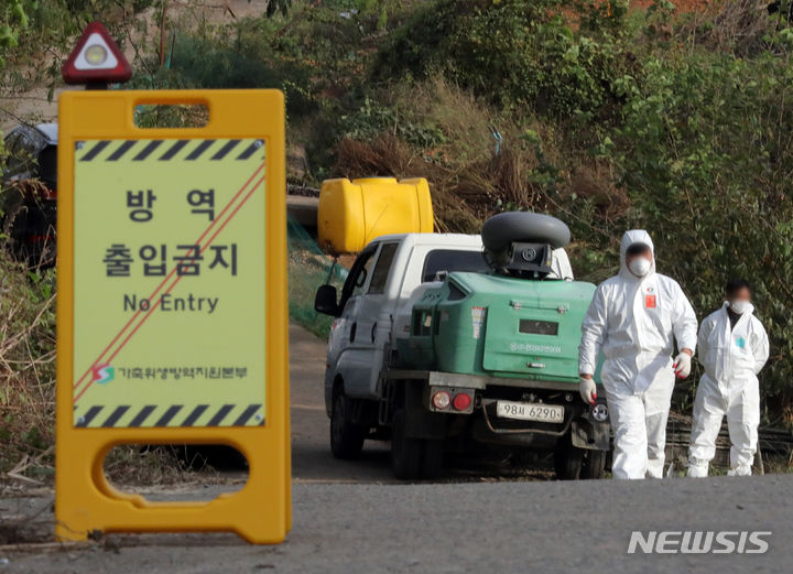 [평택=뉴시스] 김금보 기자 = 지난 22일 오후 소 바이러스성 질병인 럼피스킨병이 발생한 경기도 평택시의 한 젖소 농가에서 관계자가 출입을 통제하고 있다. 2023.10.23. kgb@newsis.com