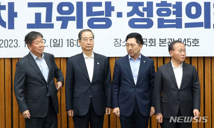 고위 당정 협의회. [서울=뉴시스] 추상철 기자 = 김기현 국민의힘 당 대표와 윤재옥 원내대표, 한덕수 국무총리, 김대기 대통령비서실장이 지난달 22일 오후 서울 여의도 국회에서 열린 제13차 고위당정협의회에서 기념촬영을 위해 자리하고 있다. 2023.10.22. scchoo@newsis.com