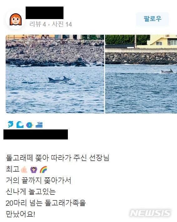 [서울=뉴시스] 돌핀뷰배낚시를 내걸고 홍보하는 배낚시체험 A업체에 달린 리뷰.