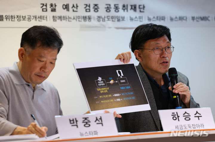 [서울=뉴시스] 최진석 기자 = 시민단체 세금도둑잡아라 대표 하승수(오른쪽) 변호사가 9일 서울 중구 뉴스타파 함께센터에서 열린 뉴스타파-검찰예산검증 공동취재단 '검찰 특활비 비밀잔액 조사결과 및 돈관리 실무자들의 영전현황 발표 기자회견'에서 발언을 하고 있다. 2023.11.09. myjs@newsis.com