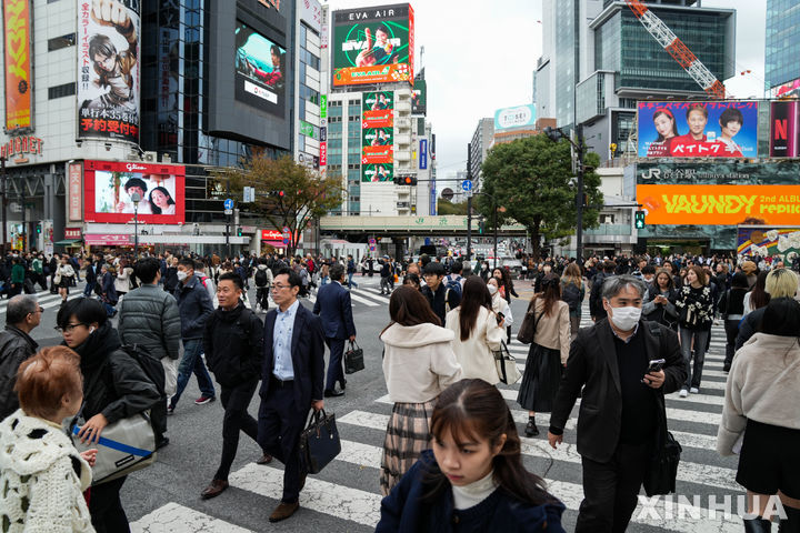 [도쿄=신화/뉴시스]일본의 기업 중 올해 임금을 인상하거나 인상하겠다는 비율은 89.1%로 지난해 보다 3%포인트 남짓 높은 것으로 후생노동성 조사에서 나타났다. 사진은 지난 15일에 촬영된 것으로 일본 도쿄의 교차로를 지나가는 사람들의 모습. 203.11.28.