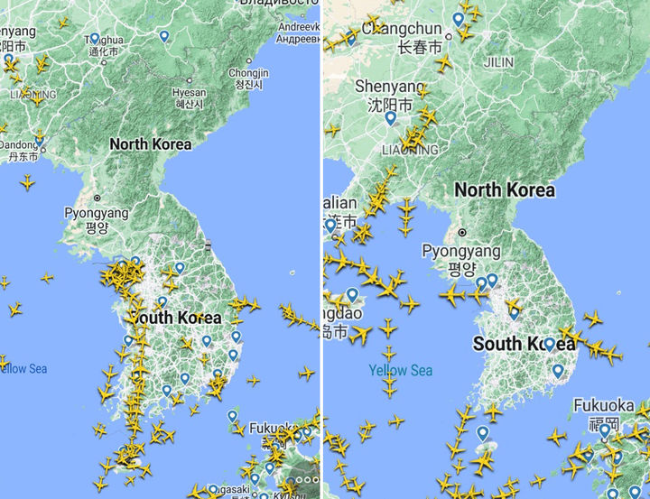 [서울=뉴시스] 홍찬선 기자 = 16일 24학년도 대학수학능력시험 영어듣기평가 시간(오후 1시10분부터 35분까지) 25분간 국내공항에서 항공기 이착륙이 전면 중단됐다. 사진은 플라이트레이더24(Flightradar24)를 통해 이날 오전 9시(왼쪽)와 수능 영어듣기평가가 실시되는 같은날 오후 1시30분(오른쪽) 한반도 상공에서 운행되는 항공기 운항 모습. 2023.11.16. (사진=Flightradar24 캡쳐) photo@newsis.com *재판매 및 DB 금지