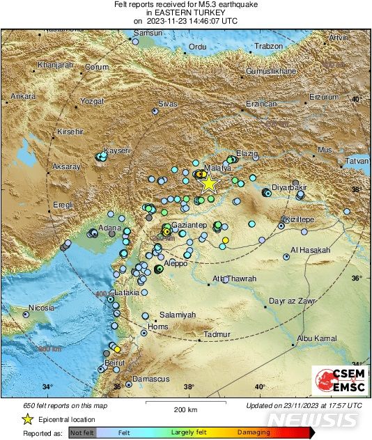 [서울=뉴시스]23일 오후 5시46분(현지시간)께 튀르키예 동부 말라티아 지역에서 5.3 규모의 지진이 발생했다고 유럽지중해지진학센터(EMSC)가 밝혔다.(사진=유럽지중해지진학센터 홈페이지 갈무리) 2023.11.24 photo@newsis.com