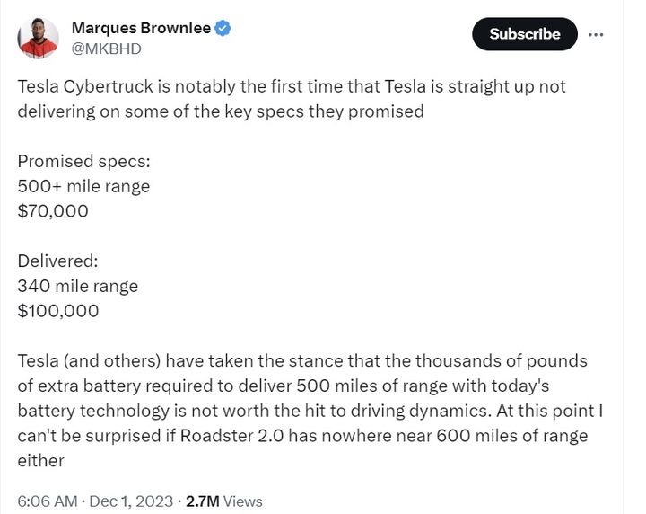 미국의 테크 유튜버 마르케스 브라운리(Marques Brownlee)는 30일(현지시간) 자신의 트위터에 테슬라의 사이버트럭을 조기 인도받은 후기를 전했다.(출처 : 마르케스 브라운리 트위터 계정 캡처) *재판매 및 DB 금지