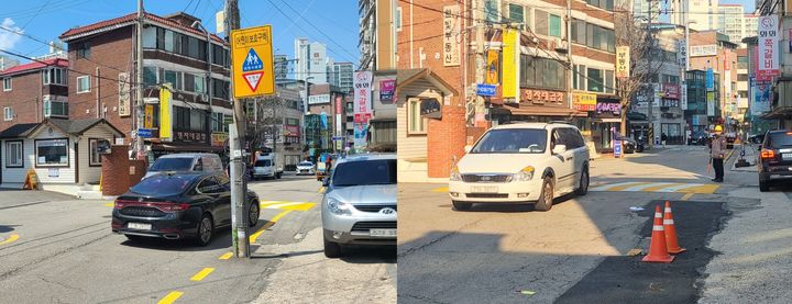 [서울=뉴시스]노해로63가길 구간 통신주 철거 전(왼쪽)과 철거 후.(사진=도봉구 제공) *재판매 및 DB 금지