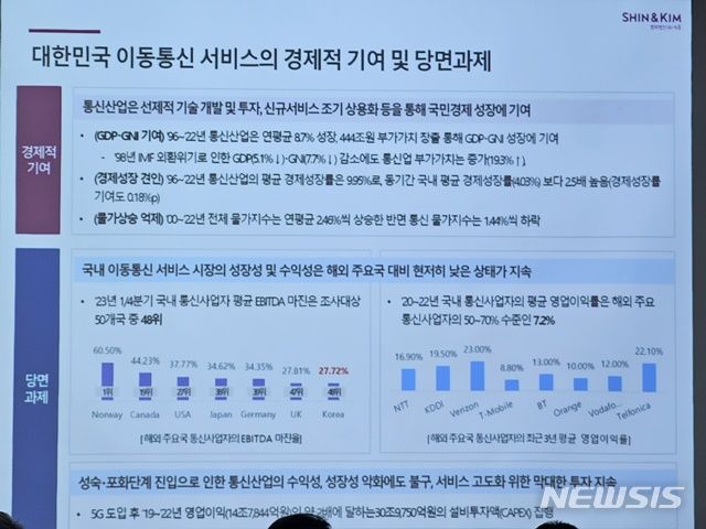 [서울=뉴시스] 한국통신학회가 '대한민국 통신 과거, 현재, 미래 워크숍'을 서울과총회관에서 11일 개최했다. 사진은 이종관 법무법인 세종 전문위원이 대한민국 이동통신 서비스의 경제적 기여와 당면과제와 관련해 발표한 내용. 