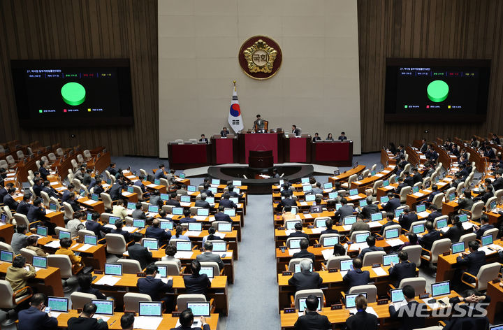 [서울=뉴시스] 이영환 기자 = 28일 오후 서울 여의도 국회에서 열린 제411회국회(임시회) 제3차 본회의에서 약사법 일부개정법률안(대안)이 재적 298인, 재석 275인, 찬성 274인, 기권 1인으로 가결되고 있다. 2023.12.28. 20hwan@newsis.com