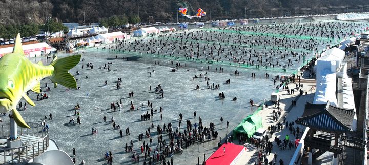 사진은 드론으로 촬영한 '2024산천어축제'가 열리는 강원도 화천군 화천읍 화천천에 마련된 얼음낚시터 등이 설치된 축제장 모습. 화천군 제공 *재판매 및 DB 금지