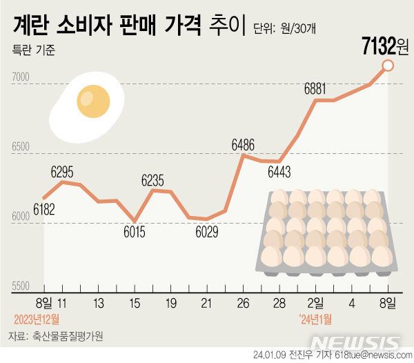 [서울=뉴시스] 9일 축산물품질평가원 축산유통정보에 따르면 지난 8일 기준 계란 한판(특란 30구) 평균 소비자 판매 가격은 7132원으로 한 달 동안 1000원 가까이 뛰었다. 한 달 전인 지난해 12월8일 6182원 대비 15.4% 상승했다. (그래픽=전진우 기자) 618tue@newsis.com