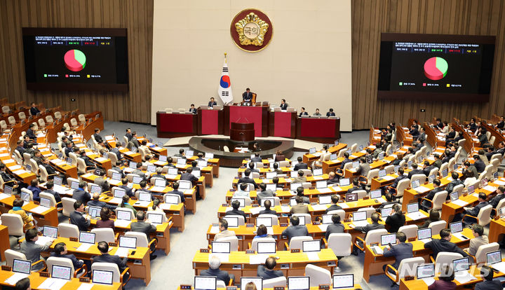 [서울=뉴시스] 추상철 기자 = 9일 오후 서울 여의도 국회 본회의장에서 열린 제411회국회(임시회) 4차 본회의. 2024.01.09. scchoo@newsis.com