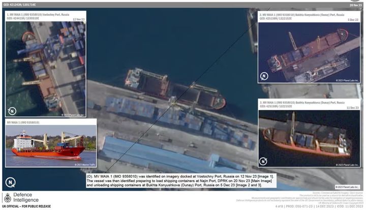 [서울=뉴시스] 러시아 선박 3척이 북한 나진항에서 컨테이너를 싣고 극동 지역 항구로 회항하는 모습을 촬영한 영국 국방부의 위성 사진. 가디언은 22일(현지시간) 러시아가 북한에게 받은 무기를 우크라이나 전장에 사용했다는 주장이 제기된 가운데 영국 국방부가 유엔 전문가 패널에 이 미공개 위성사진을 제출했다고 보도했다. 북한이 러시아 바그너 용병그룹에 무기를 판매했다고 유엔 전문가 패널 보고서가 밝혔다. (사진=가디언 웹사이트 갈무리) *재배포 및 DB 금지. 2024.03.27. 