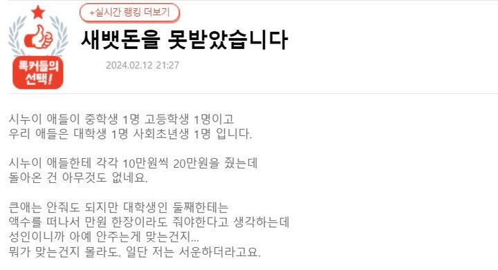 이번 설에 시조카들 세뱃돈을 챙겨줬는데 정작 시누이는 본인 자녀들에게 세뱃돈을 주지 않아 서운하다는 올케의 사연이 전해졌다. (사진=온라인 커뮤니티 '네이트판' 캡처) *재판매 및 DB 금지