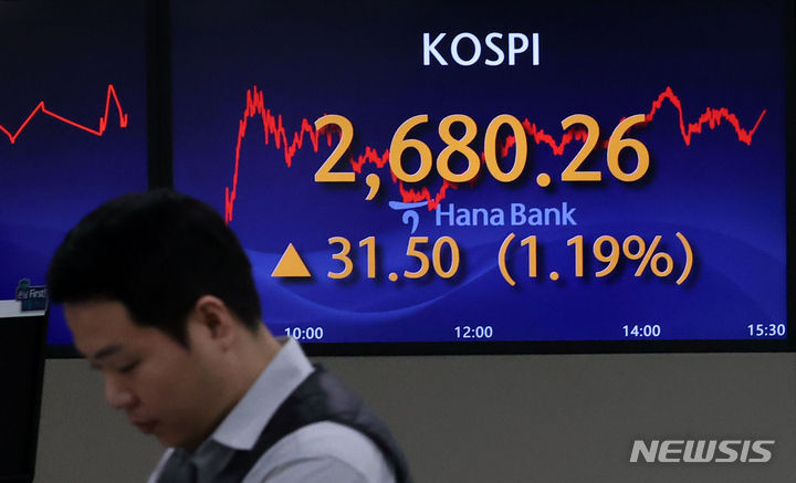 [서울=뉴시스] 김선웅 기자 = 코스피가 전 거래일(2648.76)보다 31.50포인트(1.19%) 상승한 2680.26에 거래를 종료한 19일 서울 중구 하나은행 딜링룸에서 딜러들이 업무를 수행하고 있다. 2024.02.19. mangusta@newsis.com