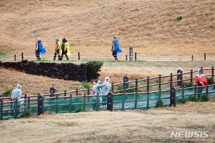 [제주=뉴시스] 오영재 기자 = 강한 바람이 불고 있는 25일 오전 제주 서귀포시 성산일출봉에서 방문객들이 우비를 입고 탐방하고 있다. 2024.02.25. oyj4343@newsis.com 