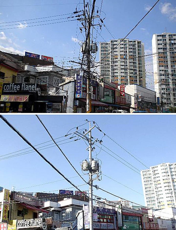 (사진 위) 한국전력이 설치한 전력공급용 전봇대에 민간 통신사업자들이 무단으로 설치한 각종 통신선이 거미줄처럼 어지럽게 얽혀있는 모습. (사진 아래) 무단으로 설치한 통신선을 정비·제거한 이후 모습. (사진=뉴시스 DB) photo@newsis.com  *재판매 및 DB 금지