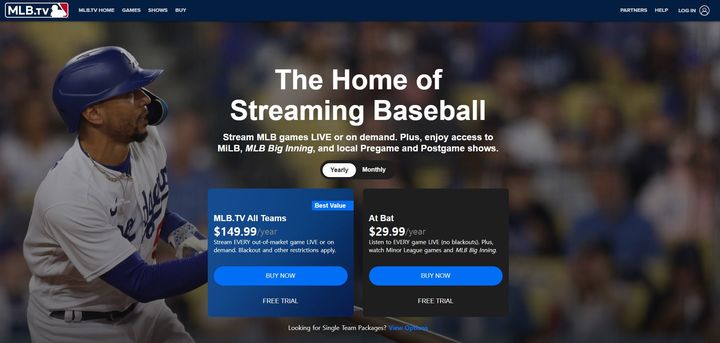 [서울=뉴시스] 미국 메이저리그(MLB)를 중계하는 OTT 'MLB.TV'의 월 구독료는 29.99달러(약 4만원)다. 티빙 광고요금제(월 5500원)과 비교하면 7배 더 비싼 셈이다. (사진=MLB.TV 홈페이지 캡처) *재판매 및 DB 금지