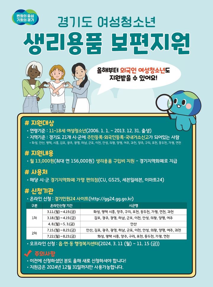 경기도, 여성청소년에 '생리용품 구입비'…외국인도 지원