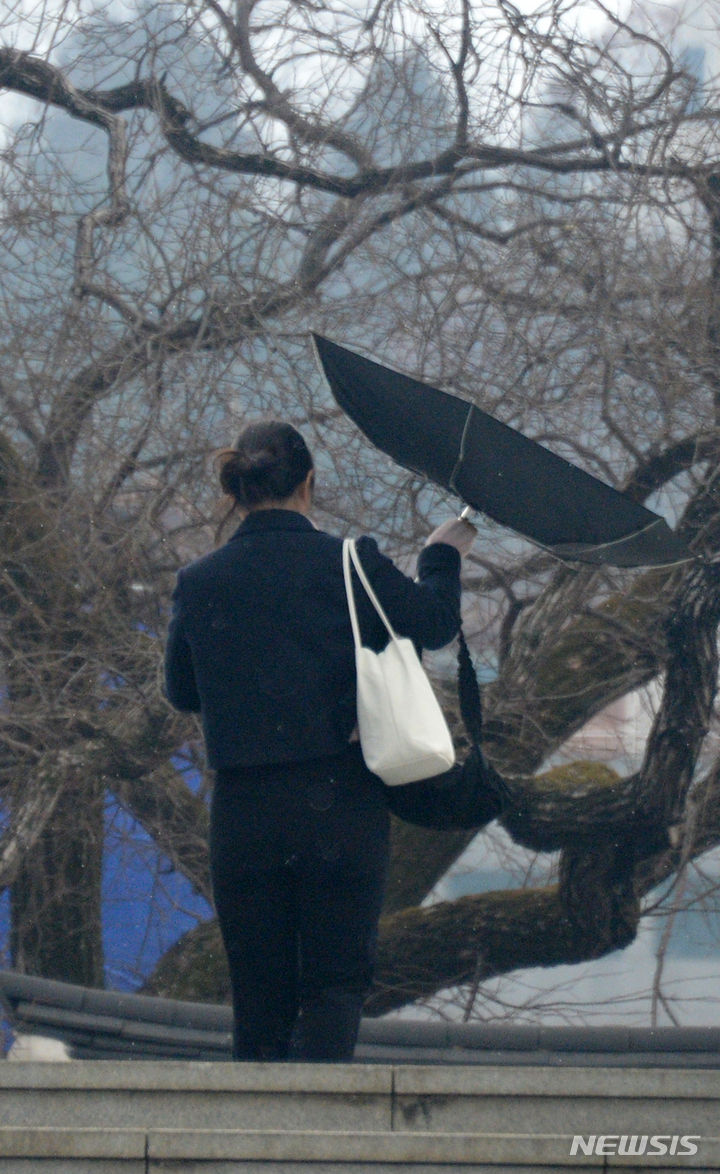[전주=뉴시스] 김얼 기자 = 전북 전주시 일대에 쌀쌀한 비가 내리기 시작한 12일 전주덕진공원을 찾은 시민들이 우산을 쓰고 걷고 있다. 2024.03.12. pmkeul@newsis.com