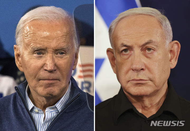 [월링퍼드·텔아비브=AP/뉴시스] ﻿﻿이스라엘군이 라파 동부지역에 처음으로 대피령을 내린 뒤 이 지역에서 작전 중인 가운데 하마스는 라파 침공과 교전 재개는 전적으로 미국 책임이라고 밝혔다. 사진은 조 바이든 미국 대통령(왼쪽)과 베냐민 네타냐후 이스라엘 총리. 2024.05.12