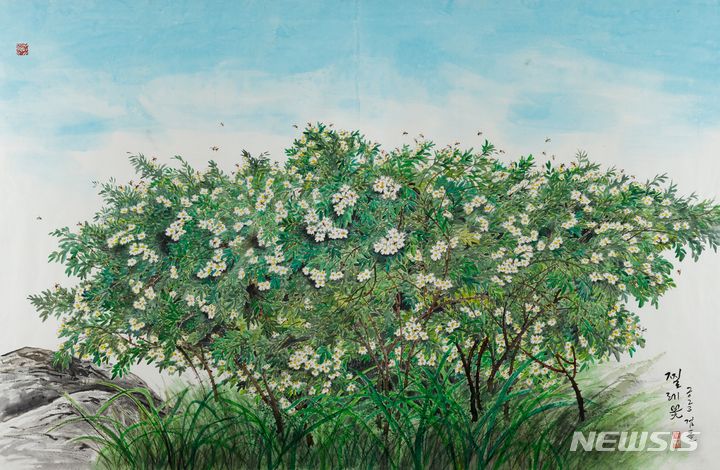 [창원=뉴시스] 이호신 '찔레꽃', 2023, 한지에 수묵채색, 181×274㎝