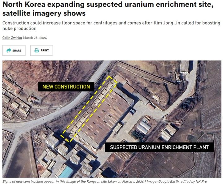 [서울=뉴시스]핵무기 생산량을 늘려야 한다는 지난해 김정은 북한 국무위원장의 주장 이후 북한이 평양 인근에 핵시설로 의심되는 시설을 확충하기 시작했다고 NK프로가 위성사진 분석을 통해 26일(현지시각) 보도했다. <사진 출처 : NK프로 캡처> 2024.03.27.