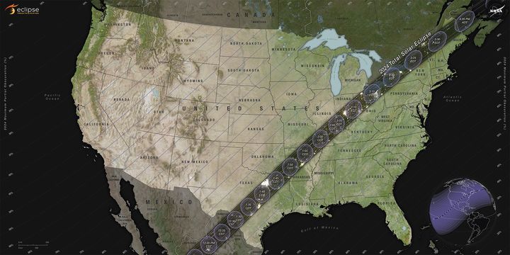오는 8일(현지시각) 북미 대륙을 가로지르는 개기일식 관측 가능 지역. (사진=NASA) *재판매 및 DB 금지