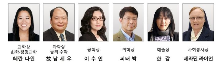 [서울=뉴시스]호암재단이 '2024 삼성호암상 수상자'를 선정해 3일 발표했다. 부문별 수상자는 ▲과학상 화학·생명과학부문 혜란 다윈(55) 미 뉴욕대 교수 ▲과학상 물리·수학부문 고(故) 남세우(54) 미 국립표준기술연구소 연구원 ▲공학상 이수인(44) 미 워싱턴대 교수 ▲의학상 피터 박(53) 미 하버드의대 교수 ▲예술상 한강(54) 소설가 ▲사회봉사상 제라딘 라이언 수녀(76)다. 부문별 수상자에게는 상장과 메달, 상금 3억 원이 수여된다. (사진=호암재단 제공) photo@newsis.com *재판매 및 DB 금지