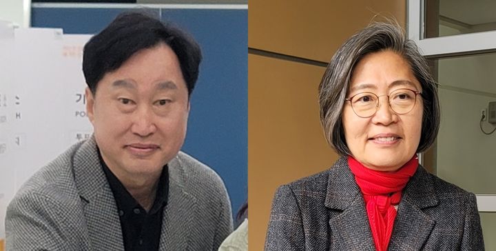 [수원=뉴시스] 박종대 기자 = 제22대 총선일을 앞두고 진행된 사전투표 첫날인 5일 오전 더불어민주당 김준혁(사진 왼쪽) 후보와 국민의힘 이수정 후보가 사전투표소가 마련된 경기 수원시 영통구 광교1동 행정복지센터를 찾아 투표를 행사했다. 2024.04.05. pjd@newsis.com *재판매 및 DB 금지