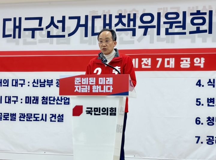 [대구=뉴시스] 정창오 기자=추경호(대구 달성군) 국민의힘 민생경제특위 공동위원장이 9일 오후 국민의힘 대구시당에서 기자회견을 열고 이재명 더불어민주당 대표를 향해 "선동 정치 즉각 중단하라"고 촉구하고 있다. 2024.04.09 jco@newsis.com