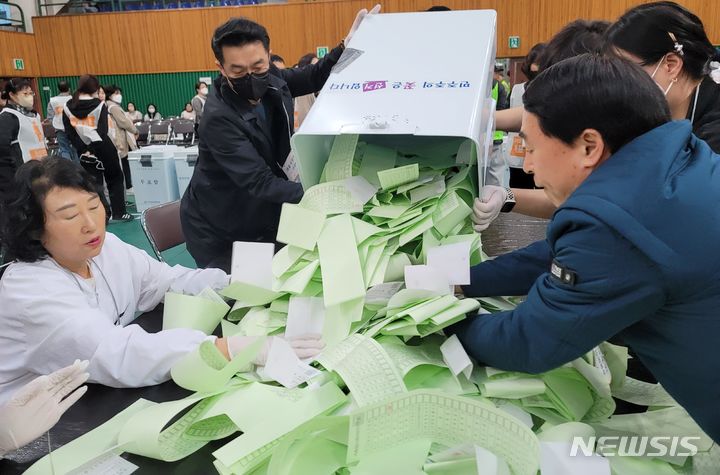 [대구=뉴시스] 이상제 기자 = 제22대 국회의원 선거가 치러진 10일 대구 남구 대명동 영남이공대 천마체육관에 마련된 개표소에서 개표사무원들이 개표 작업을 하고 있다. 2024.04.10. king@newsis.com