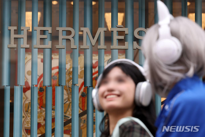 [서울=뉴시스] 조성우 기자 = 시민들이 서울의 한 백화점 에르메스 매장 앞을 지나고 있다. 2024.04.10. xconfind@newsis.com