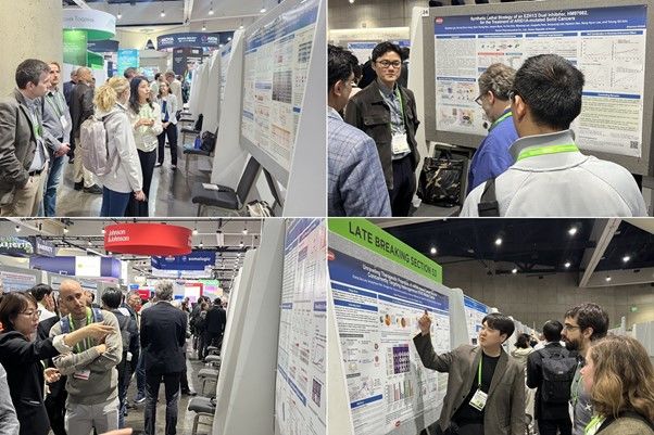 [서울=뉴시스] 지난 5일부터 10일(현지시간)까지 미국 샌디에이고에서 열린 ‘미국암연구학회(AACR 2024)’에서 한미약품 R&D센터 연구원들이 항암신약 연구 내용이 담긴 포스터를 토대로 참석자들에게 설명하고 있다. (사진=한미약품 제공) 2024.04.14. photo@newsis.com *재판매 및 DB 금지