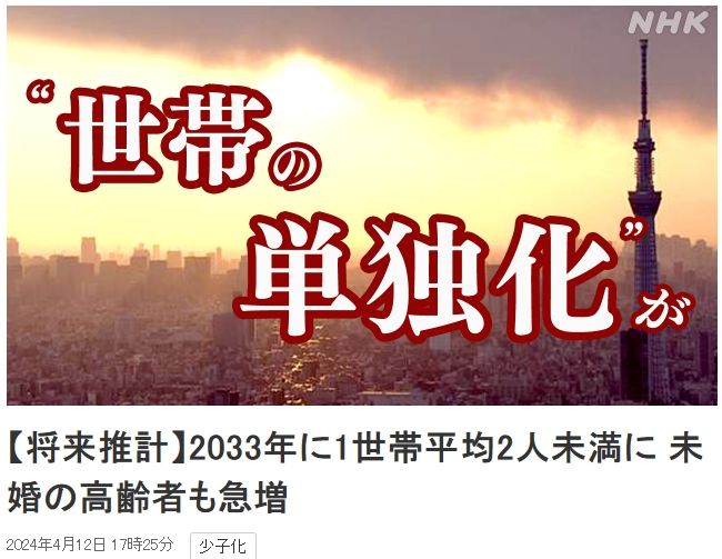 [서울=뉴시스]일본 국립인구사회보장연구소는 12일 "지금부터 9년 후인 2033년 일본의 가구당 평균 가구원 수는 1.99명으로 사상 처음으로 2명 아래로 떨어질 것"이라고 발표했다고 NHK가 보도했다. <사진 출처 : NHK 캡처> 2024.04.12.
