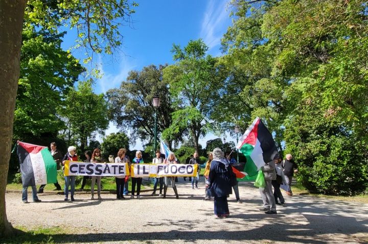 [베니스=뉴시스]박현주미술전문기자= 17일(현지시간) 베니스비엔날레 현장에서 시위대가 곳곳에서 나타나 팔레스타인 국기를 들고 평화를 촉구하고 있다. *재판매 및 DB 금지