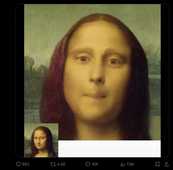 [서울=뉴시스] 레오나르도 다빈치의 대표작인 '모나리자'가 랩에 맞춰 립싱크하는 영상이 인공지능(AI) 기술로 제작돼 화제다. 영상은 공개된 AI 영상 일부. (영상='X' 갈무리) 2024.4.24 *재판매 및 DB 금지