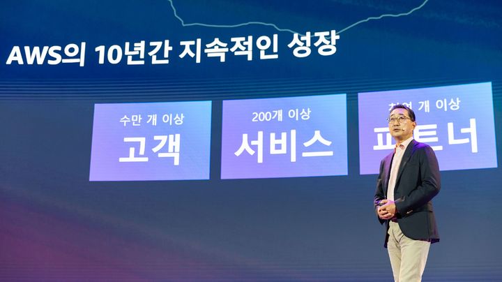 16일 서울 코엑스에서 열린 'AWS 서밋 서울 2024'의 기조연설자로 무대에 선 함기호 AWS코리아 대표이사. (사진=AWS코리아 제공) *재판매 및 DB 금지