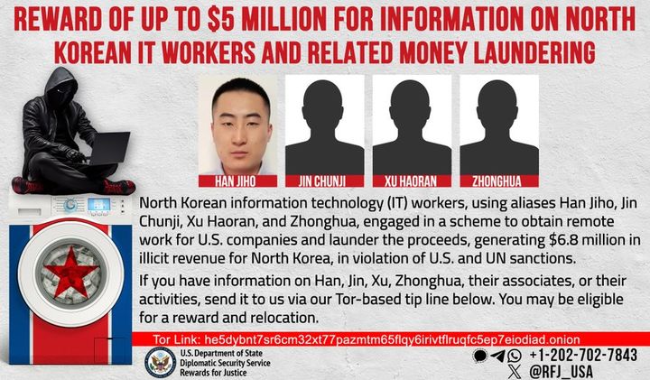 [워싱턴=뉴시스]미국 국무부 외교안보서비스국(DSS)은 16일(현지시각) '정의를 위한 보상(RFJ)' 프로그램을 통해 북한을 지원하는 특정 활동에 관여하는 이들의 금융 메커니즘을 방해할 수 있는 정보에 500만달러(약 67억5000만원)의 현상금을 건다고 발표했다. (사진=정의를 위한 보상 X(옛 트위터)). 2024.05.17. *재판매 및 DB 금지