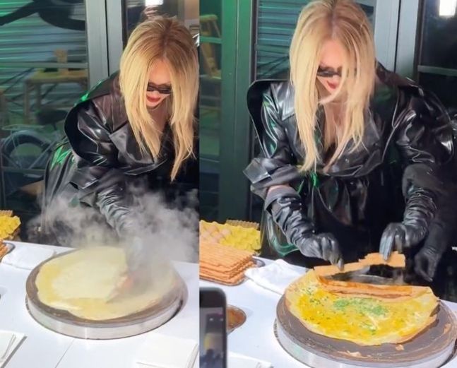[서울=뉴시스] 가수 리한나가 중국식 계란 팬케이크를 직접 만드는 모습. (사진=SNS 캡처) *재판매 및 DB 금지