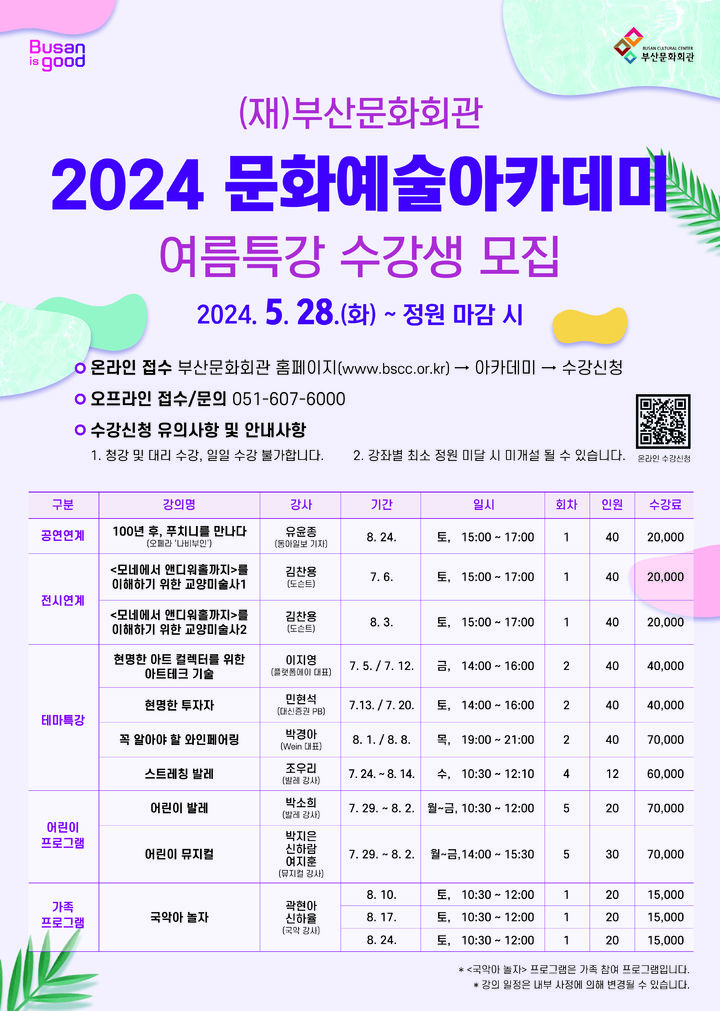 [부산=뉴시스] 부산문화회관 2024 문화예술아카데미 여름 특강 포스터 (그림=부산문화회관 제공) 2024.05.28. photo@newsis.com *재판매 및 DB 금지