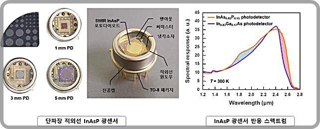 [대전=뉴시스] KRISS가 개발한 InAsP 소재 기반 SWIR 센서(왼쪽)와 반응 스펙트럼.(사진=표준연구원 제공) *재판매 및 DB 금지