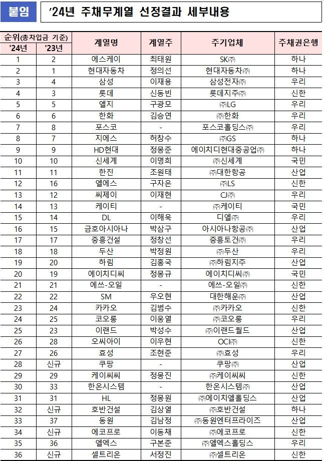 [서울=뉴시스] 2024년 주채무계열 선정결과 세부내용. (자료=금감원 제공) *재판매 및 DB 금지